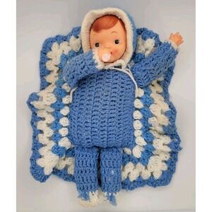 Vintage Hand Crafted Crochet Doll Handmade Baby Blue